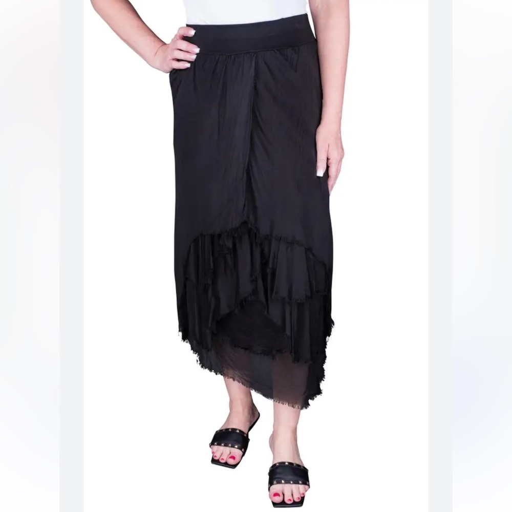 Tina Stephens Whimsigoth Witch Black Silk Blend Midi Skirt Made in Italy
